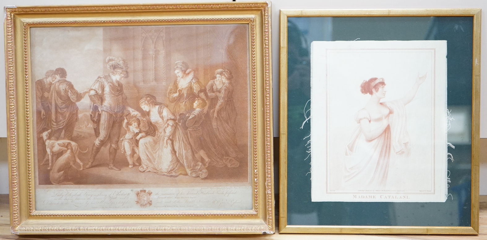 After Angelica Kauffman RA (1741-1807), sanguine engraving, 'Lady Elizabeth Grey imploring Edward VI', published March 1st 1780 together with an engraving on silk, 'Madame Catalani' published January 10th 1807 by William